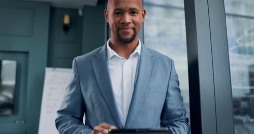 Portrait, happy and black man on tablet in office for business, research and project