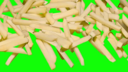 Raw French Fries In A Jump On Chroma Key