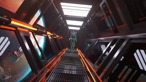 The Concept of Space Exploration An Alien in a Rainbow Suit Spaceship Tunnel Earth Orbit Closeup