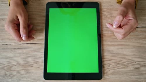 Lady Hands Surfing Green Screen Tablet Internet at Office Closeup Unknown Woman