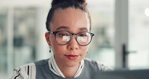 Glasses, research and businesswoman in office with reading for finance report with budget planning