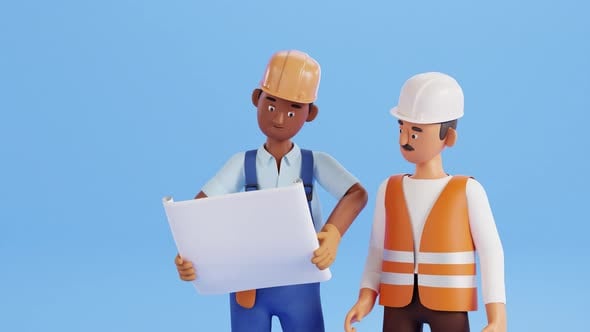 3D Animated Construction Workers Discussing Blueprint, Backgrounds ...