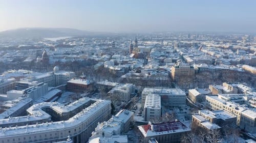Aerial view of Krakow during winter. Poland Cityscape in Winter.