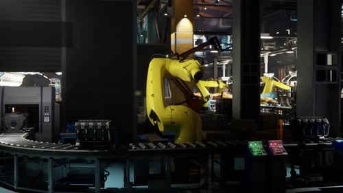 Roboterarm zur Positionierung von Gegenständen auf einem Förderband in einer modernen Fabrikumgebung