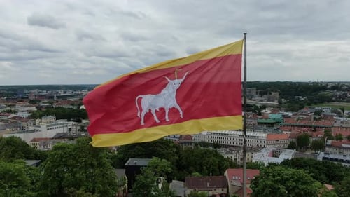Flag Waving in Front of Cityscape