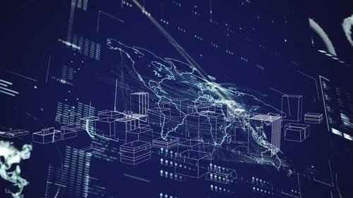 Animation of data processing over world map on digital screen