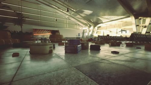 Quiet Station Bathed in Dusky Light with Abandoned Carts and Luggage