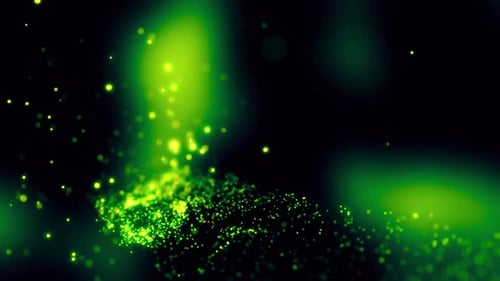 Vibrant green energy particles swirling in dark cosmic nebula, abstract science and technology conce