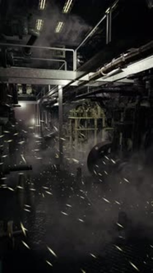 Intricate Engine Room with Beams of Light Cutting Through the Misty Atmosphere