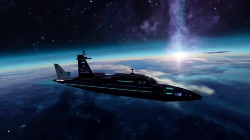 Futuristic Space Submarine Flying Above Planet with Cosmic Background