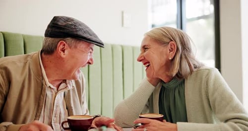 Senior couple, laugh and coffee in cafe for love, marriage and conversation together