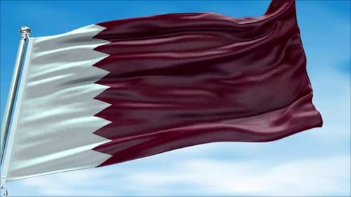 Realistic Waving Flag of Qatar against Blue Sky