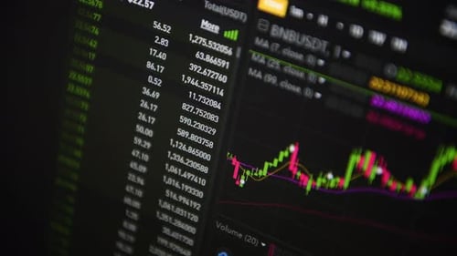 Stock market. Trading in the stock exchange. Moving numbers and charts