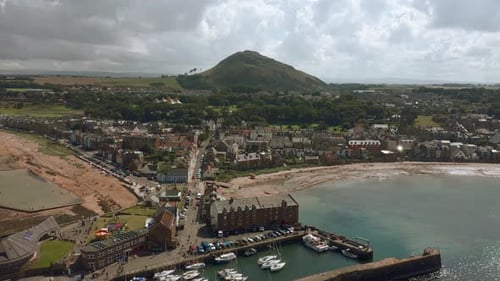 Aerial view of West Bay and historic town, North Berwick, Scotland.