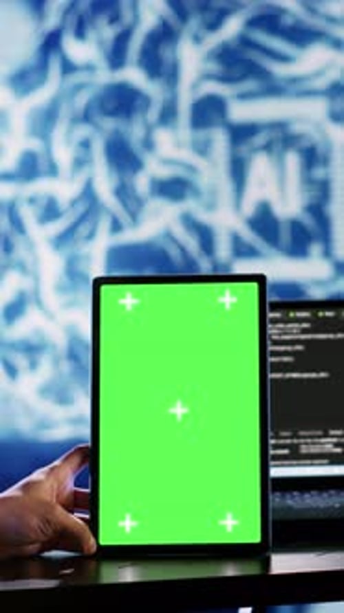 Vertical Video AI Script Coding on Green Screen Tablet