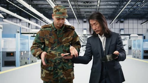 Men Inspecting Silicon Wafers in High Tech Facility