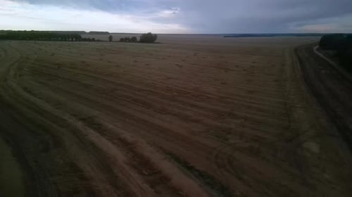 Yellow field with harvested wheat and hay bales. Aerial view of the field with square bales