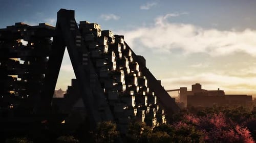 Estructura arquitectónica única contra el vibrante horizonte de la ciudad al atardecer