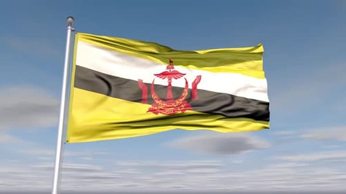 Realistic Waving Flag of Brunei Darussalam in Blue Sky