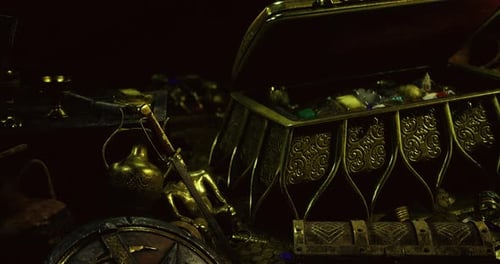 Golden Treasure Chest Opening with Jewels and Coins Reveal