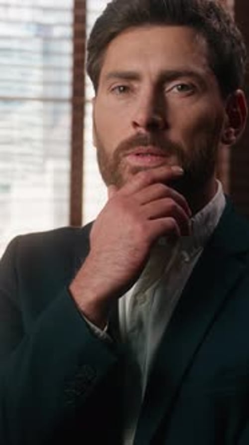 Caucasian Middleaged Business Man Pensive Hesitate Thinking Idea Holding Chin Adult Male 40s