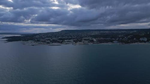 A Bird'seye View of a Dark Sea Horizon and Dramatic Sky Before a Storm in the Evening