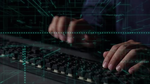 Close-up of Hands Typing on Keyboard with Abstract Programming Code and Digital Data Visualization i