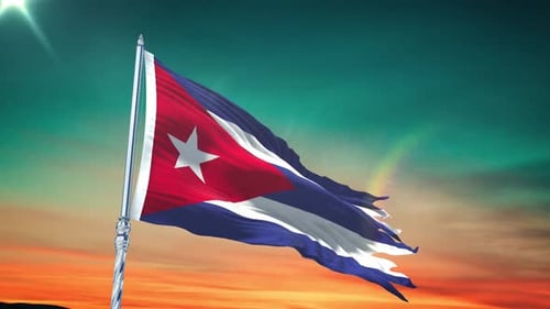 Dynamic Cuban Flag Waving Against Beautiful Sunset Sky