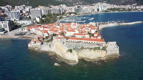 Panorama of the Old Town in Budva Filmed From a Drone