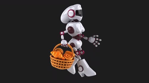 Futuristic Robot Walking with Basket of Baked Goods