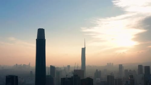 Kuala Lumpur city skyline sunset aerial view, Malaysia