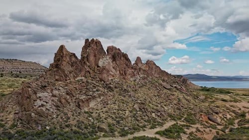Rotating aerial view of rock formation in the Flaming Gorge Recreation area