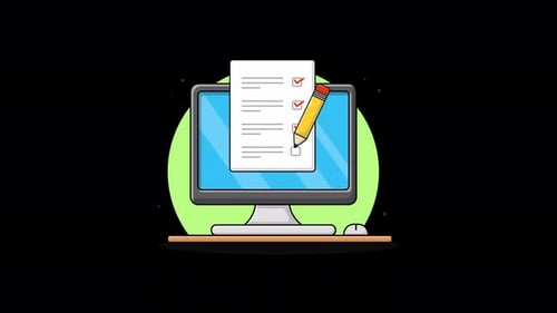 Computer with Survey Paper and Pencil. Online Survey Concept Animation Video - Transparent