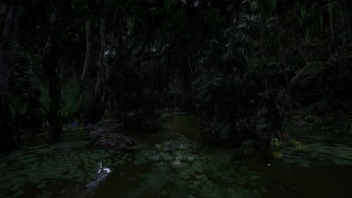 Gloomy Swamp Scene Shadowy Cypress Marsh with Scattered Lily Pads