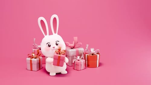 Cute 3D Rabbit Holding Gift Box Animation