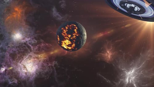 Futuristic Spaceship Gliding Past Volcanic Planet in Cosmic Nebula