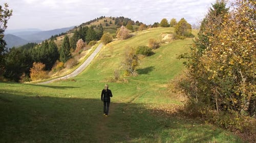 Young woman with blonde hair walks in nature on sunny autumn day, wide static shot.