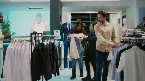 Male Store Assistant Helping Client to Buy Shirts at Mall