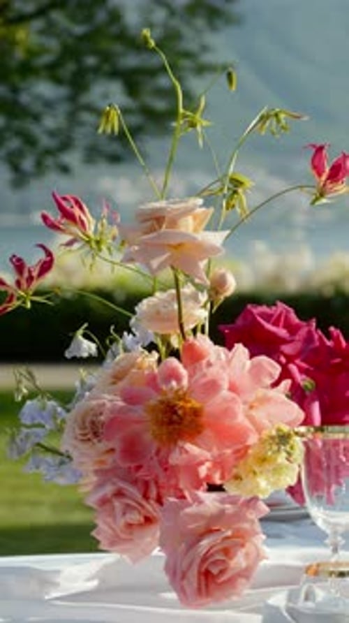 Wedding Table Decor with Flowers and Lake View