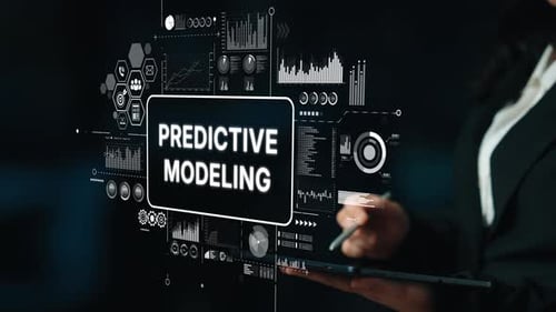 Business Professional Engaging with Predictive Modeling and Data Analytics Visualization in Dark Set