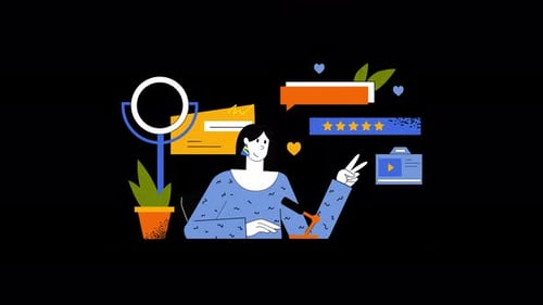 Mujer creativa que interactúa con herramientas digitales en una ilustración de espacio de trabajo minimalista moderna