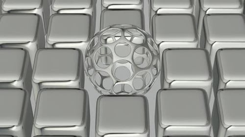 Abstract 3D Metallic Sphere Rotation Amidst Geometric Cubes