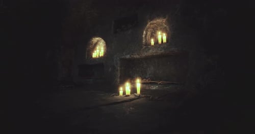 Flickering Candles Illuminating Ancient Dark Catacombs