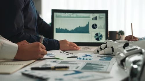 A futuristic office where AI-powered solutions enhance financial research, optim