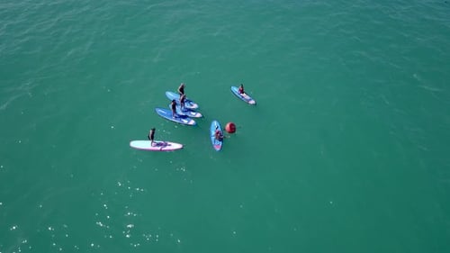 Aerial View of People Paddleboarding on a Sunny Day