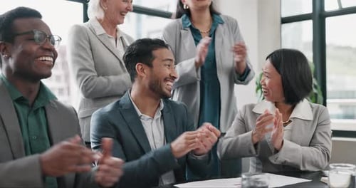 Business people, applause and meeting with promotion, support and happiness with company growth