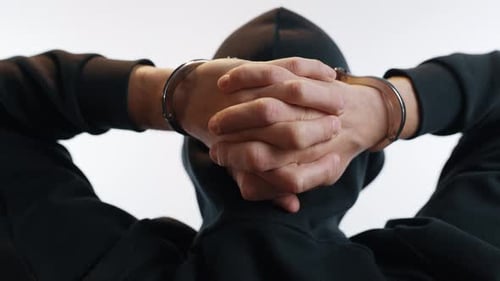 Homme menotté serrant les mains derrière la tête baissée