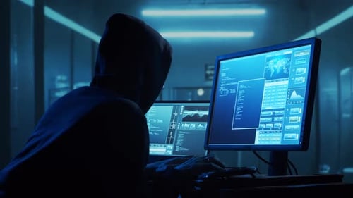 Hooded Hacker Working at Computer at Night