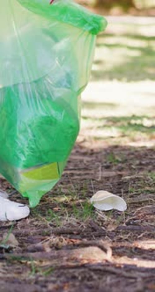 Voluntariado, mano y bolsa de basura en el parque con Colleción de basura, proyecto de caridad y gestión de residuos