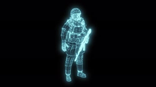 Holograma 3D de neón azul con estructura alámbrica de soldado SWAT y policía